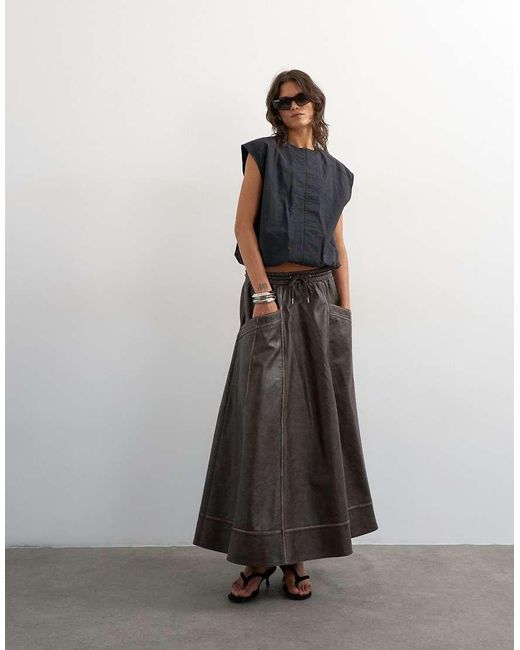 TOPSHOP Black High Shine Leather Look Midi Skirt With Side Pockets
