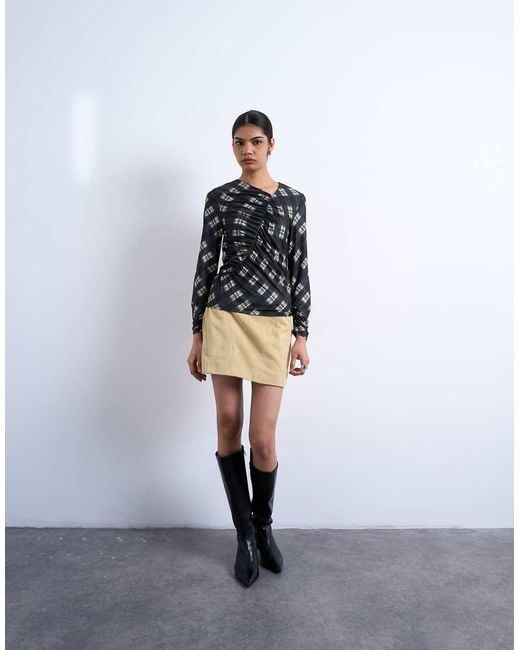 TOPSHOP Black Check Print Ruched Asymmetric Long Sleeve Top