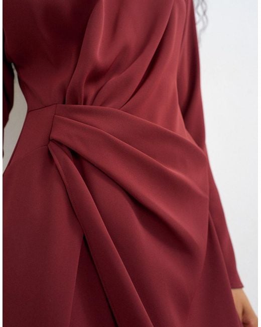 TOPSHOP Red Long Sleeve High Neck Tuck Side Mini Dress