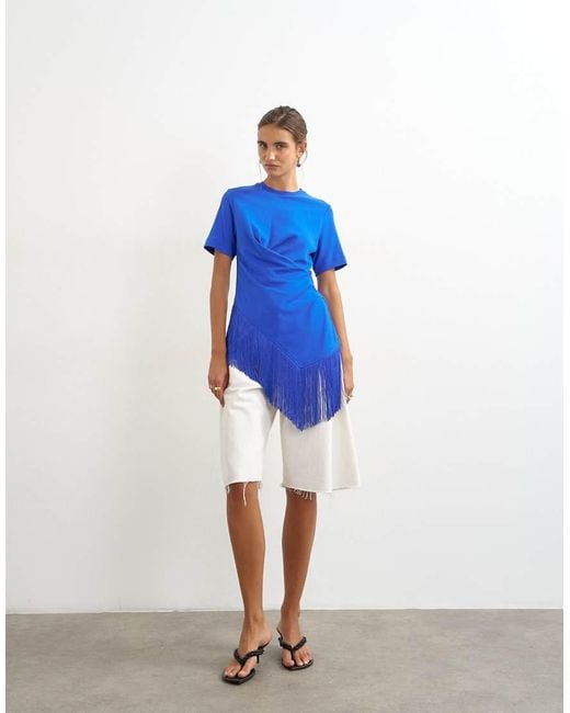 TOPSHOP Blue Fringed Wrap Front Tassel Hem Tee