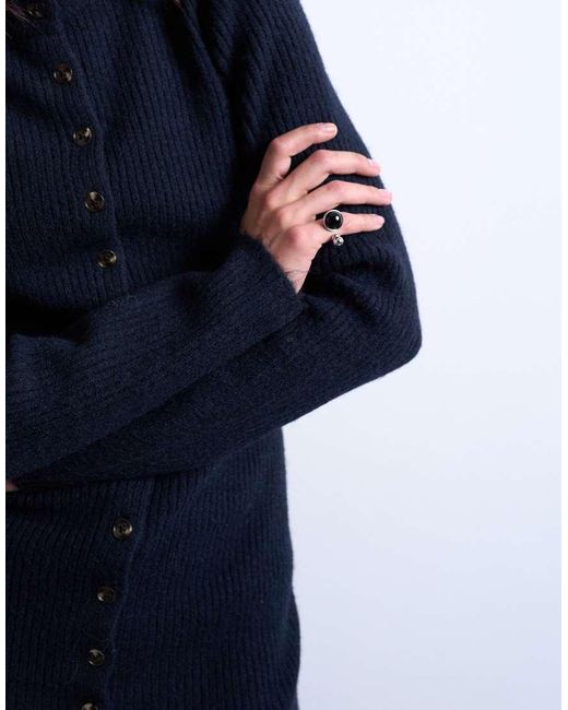 TOPSHOP Blue Knitted Crew Neck Button Through Mini Dress