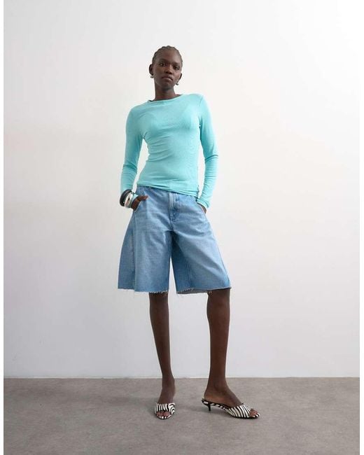 TOPSHOP Blue Barrel Leg Denim Bermuda Shorts