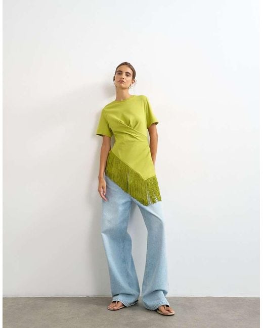 TOPSHOP Green Fringed Wrap Front Tassel Hem Tee