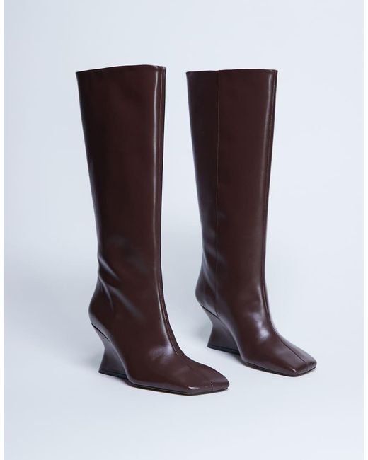 TOPSHOP Brown Selma Premium Leather Knee High Wedge Boot