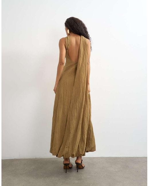 TOPSHOP Natural Crinkle Tuck Side Twist Shoulder Bubble Hem Maxi Dress
