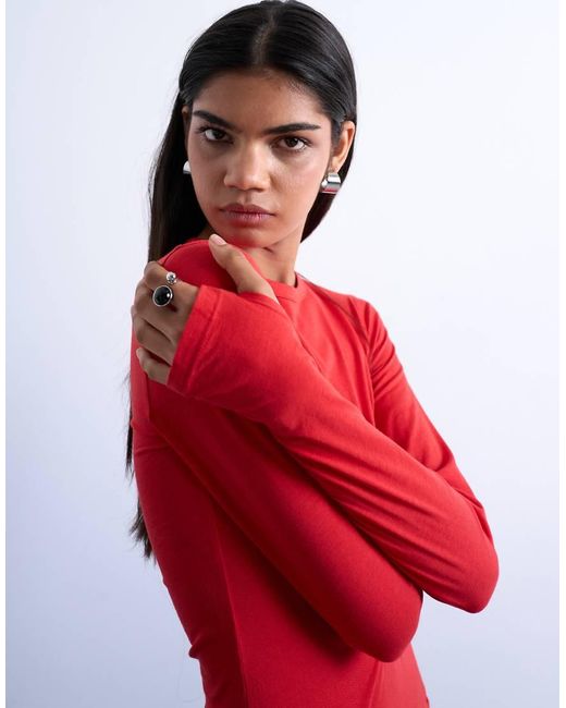 TOPSHOP Red Long Sleeve Crew Neck Superfine Top