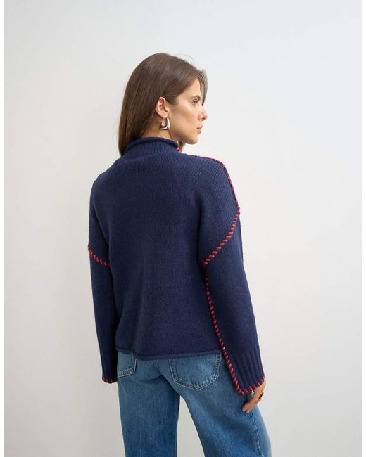 TOPSHOP Blue Knitted Roll Edge Blanket Stitch Jumper