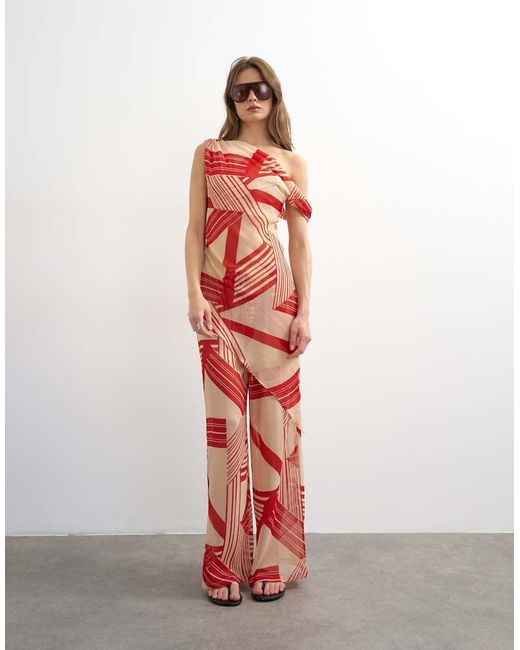 TOPSHOP Red Sheer Stripe Print Off Shoulder Top Co-Ord