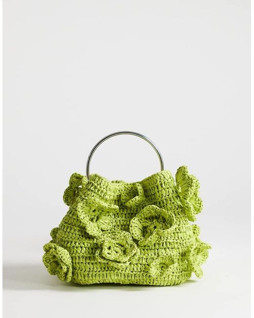 TOPSHOP Green Millie Small Straw Flower Grab Bag With Metal Handle