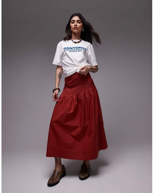 TOPSHOP Red Pintuck Poplin Full Skirt