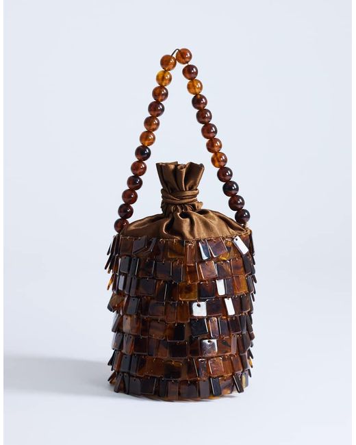 TOPSHOP Brown Georgie Small Embellished Grab Bucket Bag