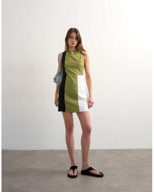 TOPSHOP Green Linen Rich Open Back Mini Dress