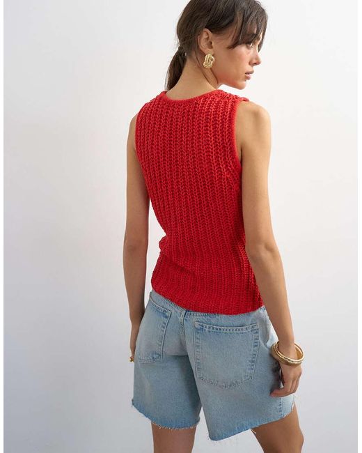TOPSHOP Red Knitted Low Scoop Crochet Vest Top