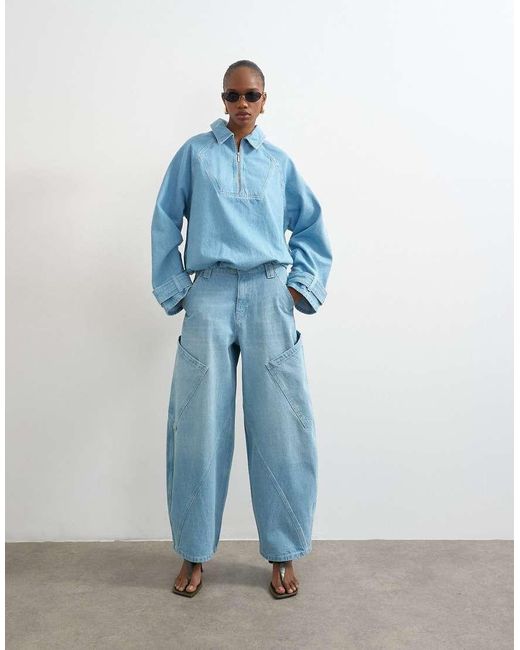 TOPSHOP Blue Denim Collared Quarter Zip Blouson Jacket