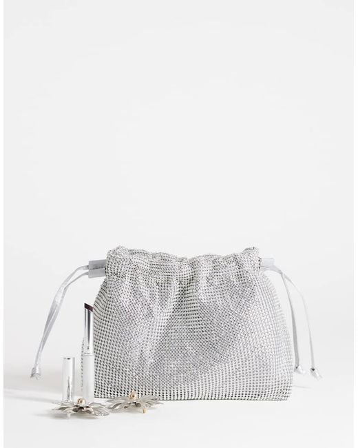 TOPSHOP Gray Seleena Diamante Drawstring Clutch Bag