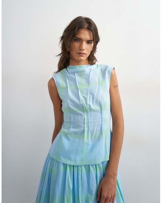TOPSHOP Blue Co-ord Grown On Neck Pin Tuck Top