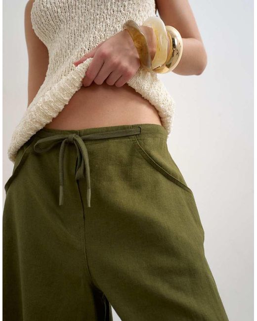 TOPSHOP Green Linen Cargo Trouser