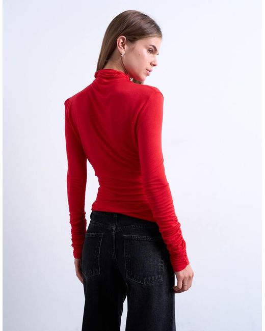 TOPSHOP Red High Neck Viscose Long Sleeve Top