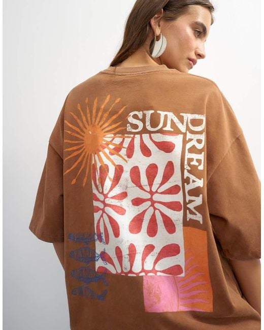 TOPSHOP Brown 'Sundream' Graphic Embroidered Detail Oversized T-Shirt