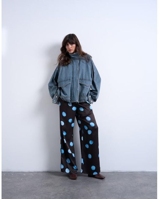 TOPSHOP Blue Satin Wide Leg With Tie Waist Trouser