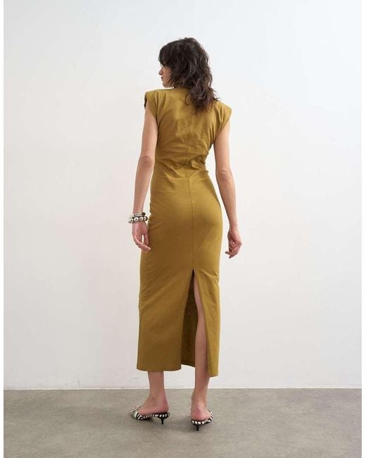 TOPSHOP Green Shoulder Pad Sleeveless Maxi Dress