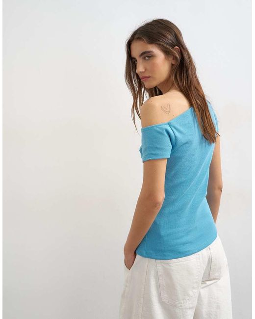 TOPSHOP Blue Bardot Button Through Top