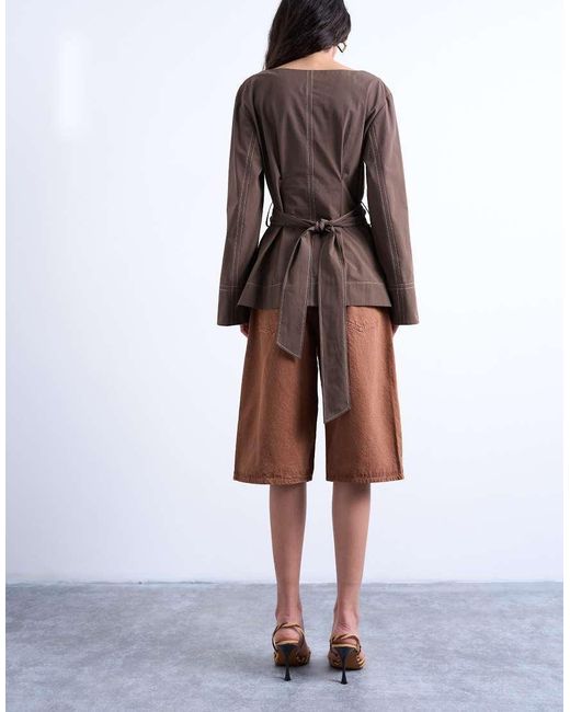 TOPSHOP Brown Long Sleeve Tie Waist Top With Contrast Stich