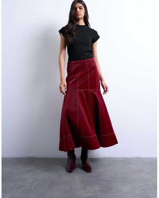 TOPSHOP Red Dropwaist Contrast Stitched Pu Maxi Skirt