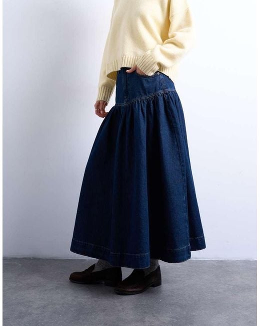 TOPSHOP Blue Denim Maxi Skirt With Gathered Yoke Detail