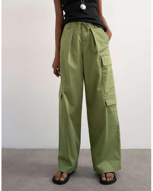 TOPSHOP Green Clean A Line Wide Leg Cargo With Tie Waist