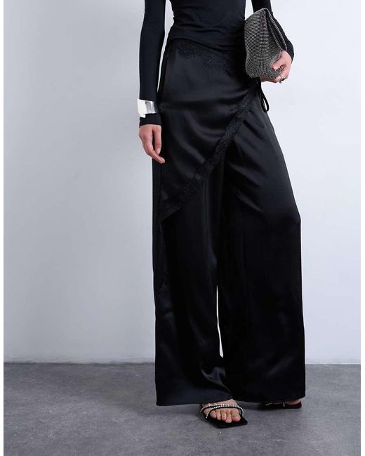 TOPSHOP Blue Satin Wrap Around With Lace Wide Leg Trouser
