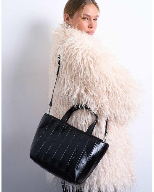 TOPSHOP Black Gemma Medium Stripe Faux Leather Grab Bag