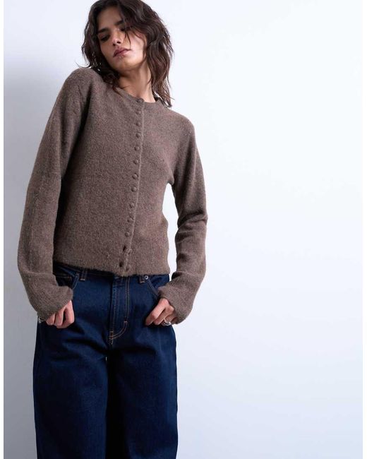 TOPSHOP Brown Knitted Covered Button Cardigan