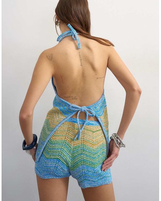 TOPSHOP Blue Knitted Stripe Shorts Co-ord