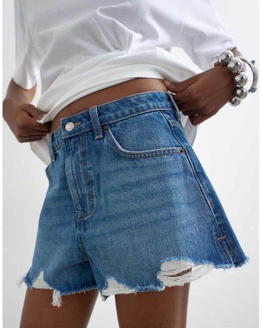 TOPSHOP Blue Denim Distressed Split A-Line Short
