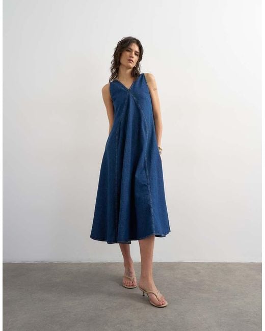 TOPSHOP Blue Denim V Neck Seamed Full Maxi Dress