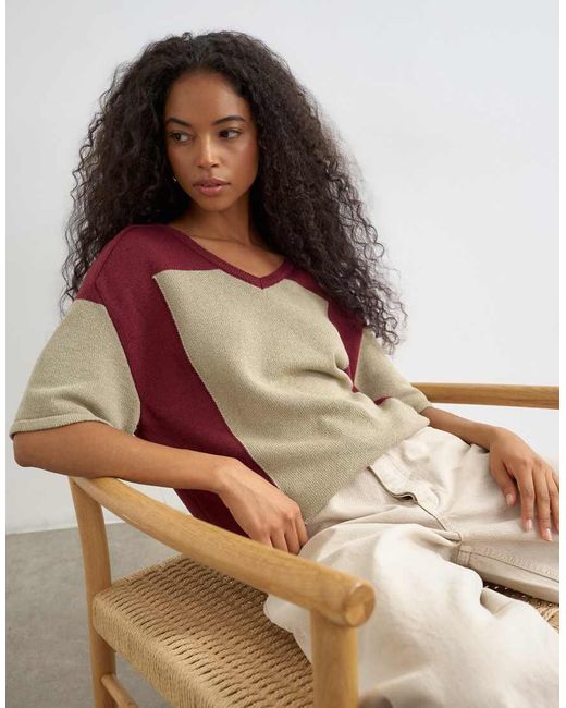 TOPSHOP Green Knitted Drawstring Colour Block Top