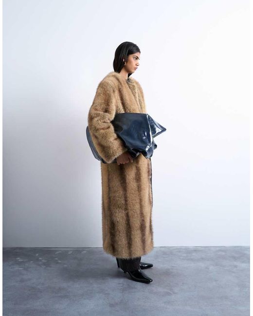 TOPSHOP Metallic Oversized Faux Fur Collarless Long Coat