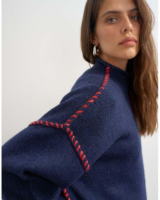 TOPSHOP Blue Knitted Roll Edge Blanket Stitch Jumper