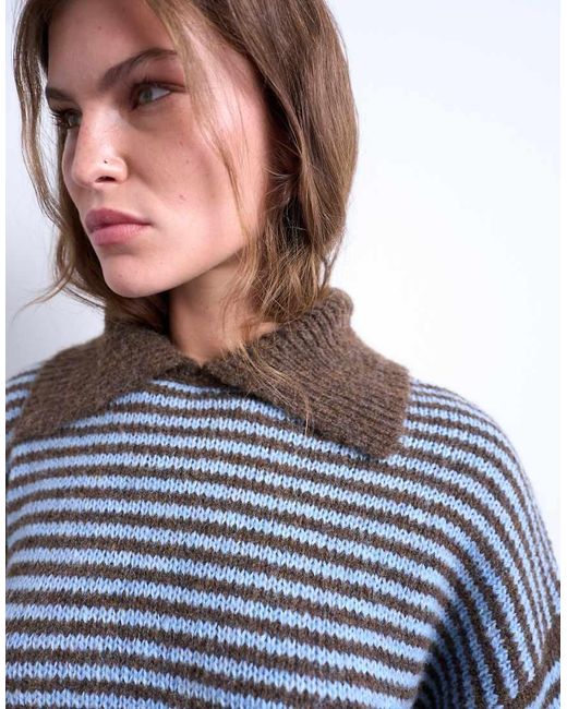 TOPSHOP Blue Knitted Stripe Collar Jumper