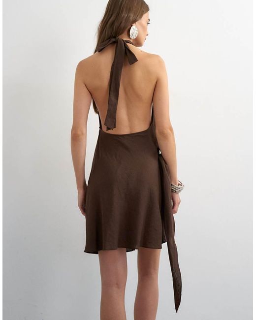 TOPSHOP Brown Linen Rich Halter Neck Wrap Mini Dress