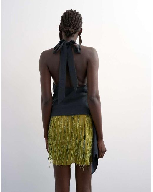 TOPSHOP Green Heavy Beaded Mini Skirt