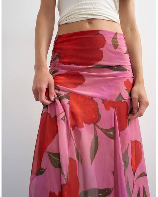 TOPSHOP Pink Floral Drop Waist Full Circle Skirt