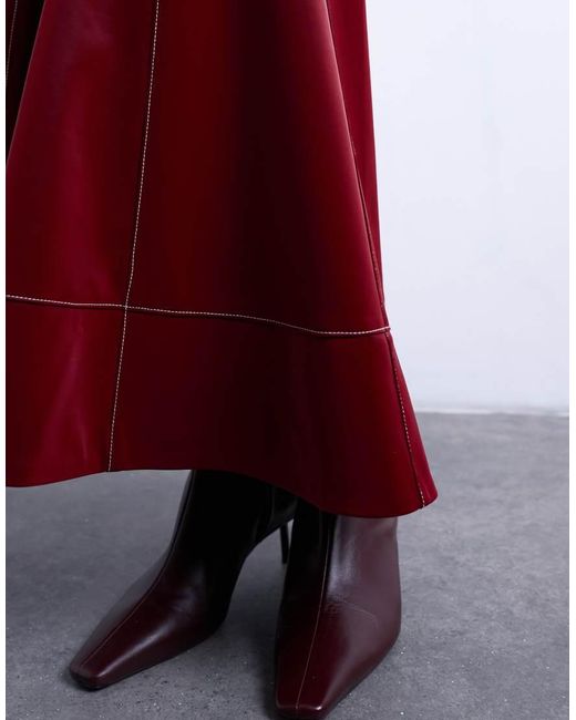 TOPSHOP Red Dropwaist Contrast Stitched Pu Maxi Skirt
