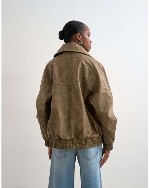 TOPSHOP Brown Faux Leather Asymmetric Oversized Bomber With Funnel Neck
