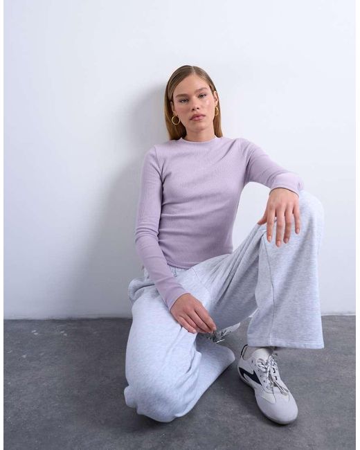 TOPSHOP Purple Rib Long Sleeve Curved Hem Top