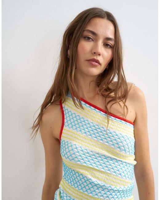 TOPSHOP Blue Knitted Asymmetric One Shoulder Colour Pop Top