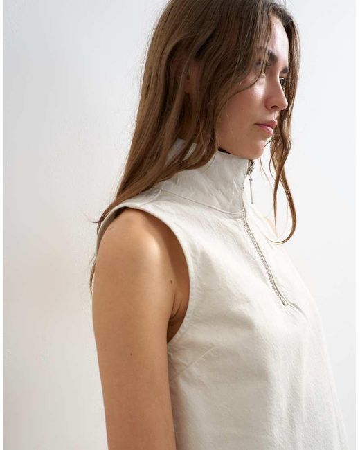 TOPSHOP White Denim Funnel Neck Pinny Dress