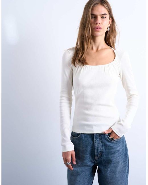 TOPSHOP Blue Rib Scoop Tie Neck Long Sleeve Top