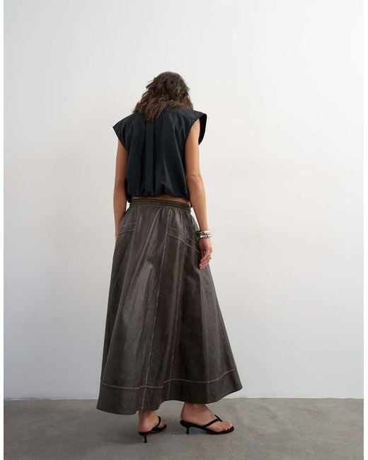 TOPSHOP Black High Shine Leather Look Midi Skirt With Side Pockets